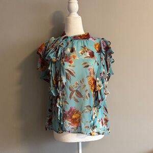 Floral Ruffle Sleeve Women's Top - Teal